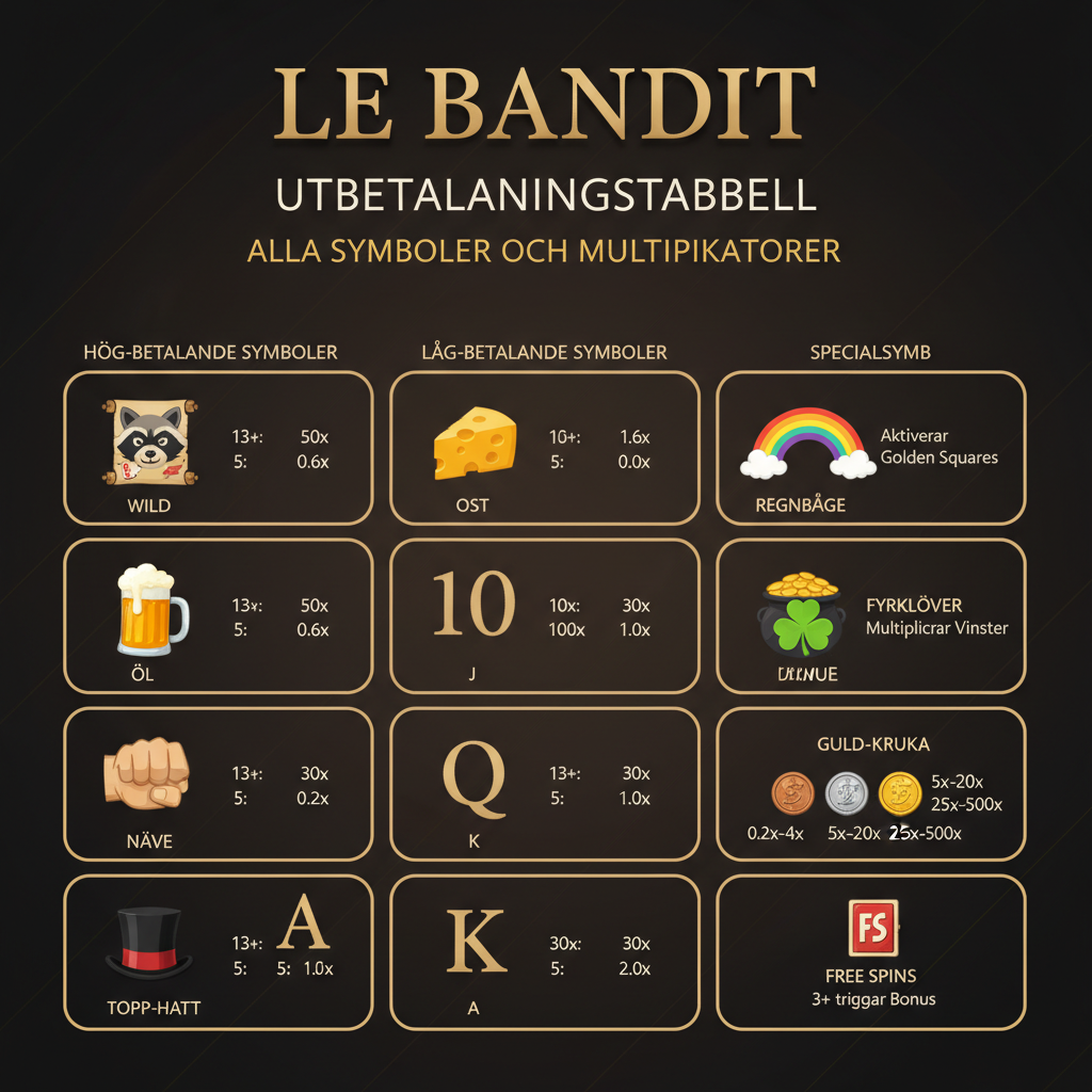 Le Bandit utbetalningstabell - alla symboler och multiplikatorer